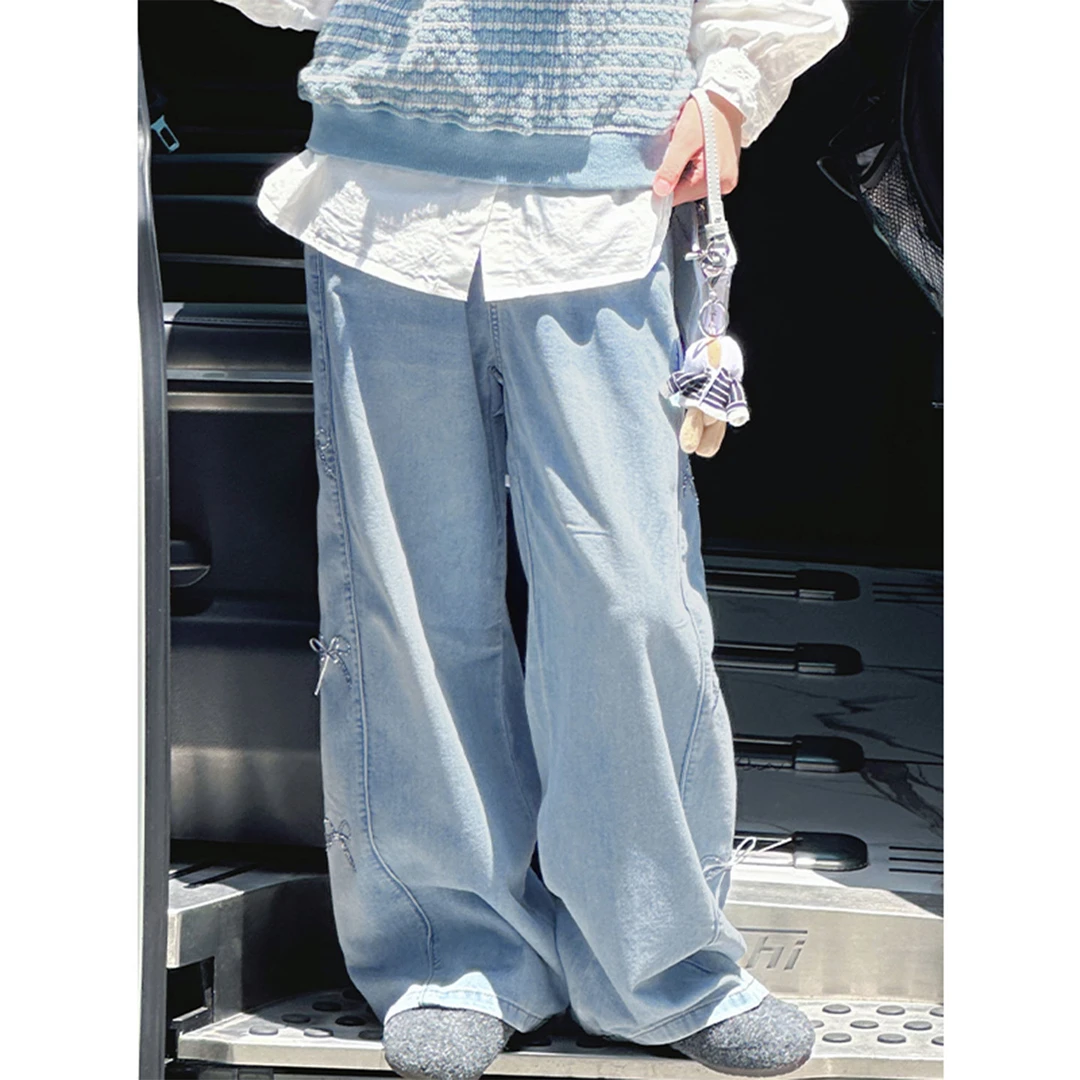 K28566孙小美蝴蝶结女童牛仔裤秋装新款儿童大童春秋阔腿裤子