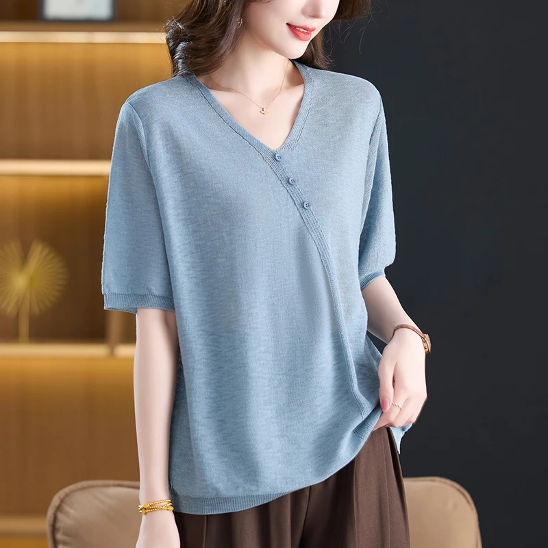 鸡心领冰丝上衣女夏季洋气胖妈妈短袖针织衫时髦百搭大码t恤显瘦
