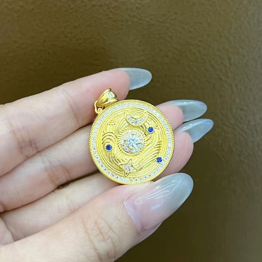足金999镶嵌圆盘星月吊坠