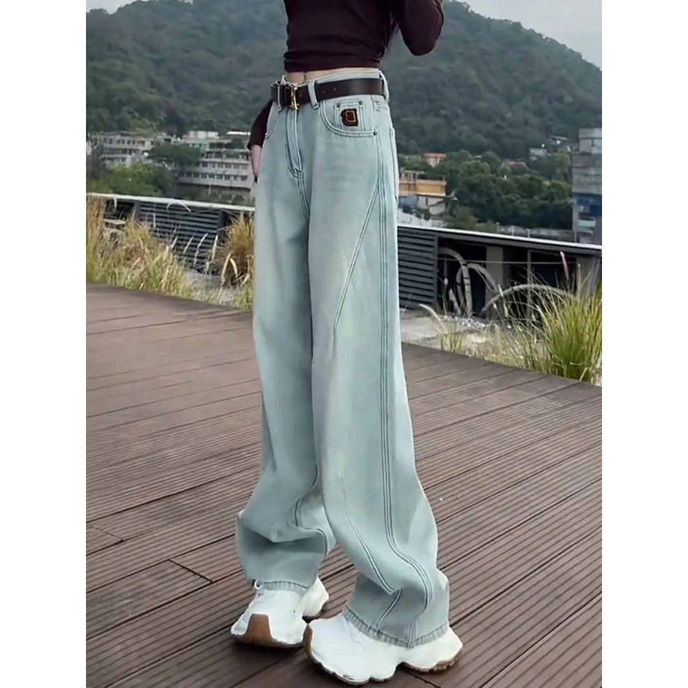 高腰显瘦浅色弯刀牛仔裤子女2025新款设计感宽松镰刀裤阔腿拖地裤