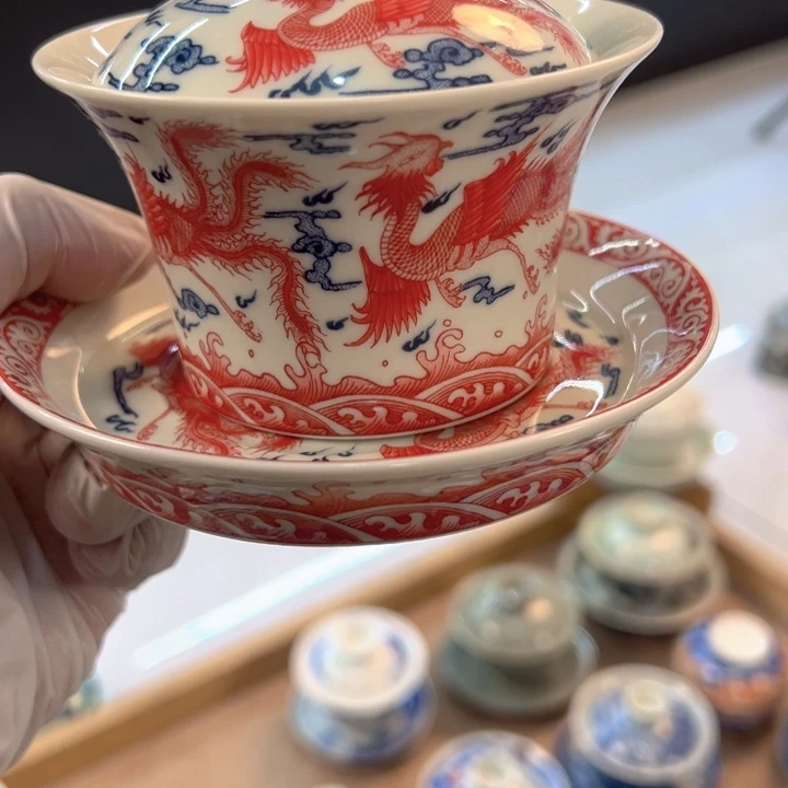 瓷片白青花釉里红九凤马蹄盖碗全品