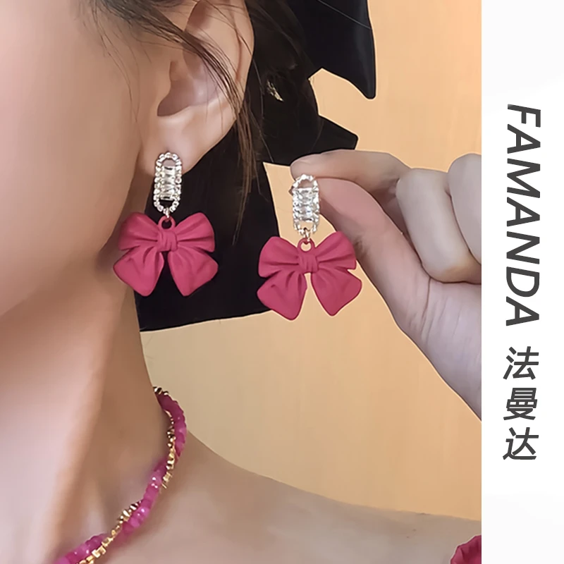 铜合金锆石耳饰 【玫粉蝴蝶结】法式甜美锆石玫蝴蝶结轻奢时尚耳环