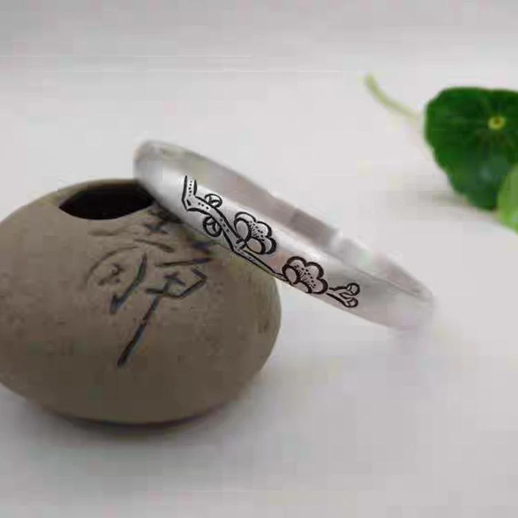 足银手镯 润土匠心【梅】银手镯定制镯子s999纯手工錾刻