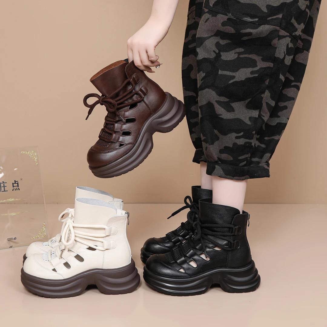 网面马丁靴春夏季镂空网状春夏透气休闲女靴女英伦风厚底坡跟