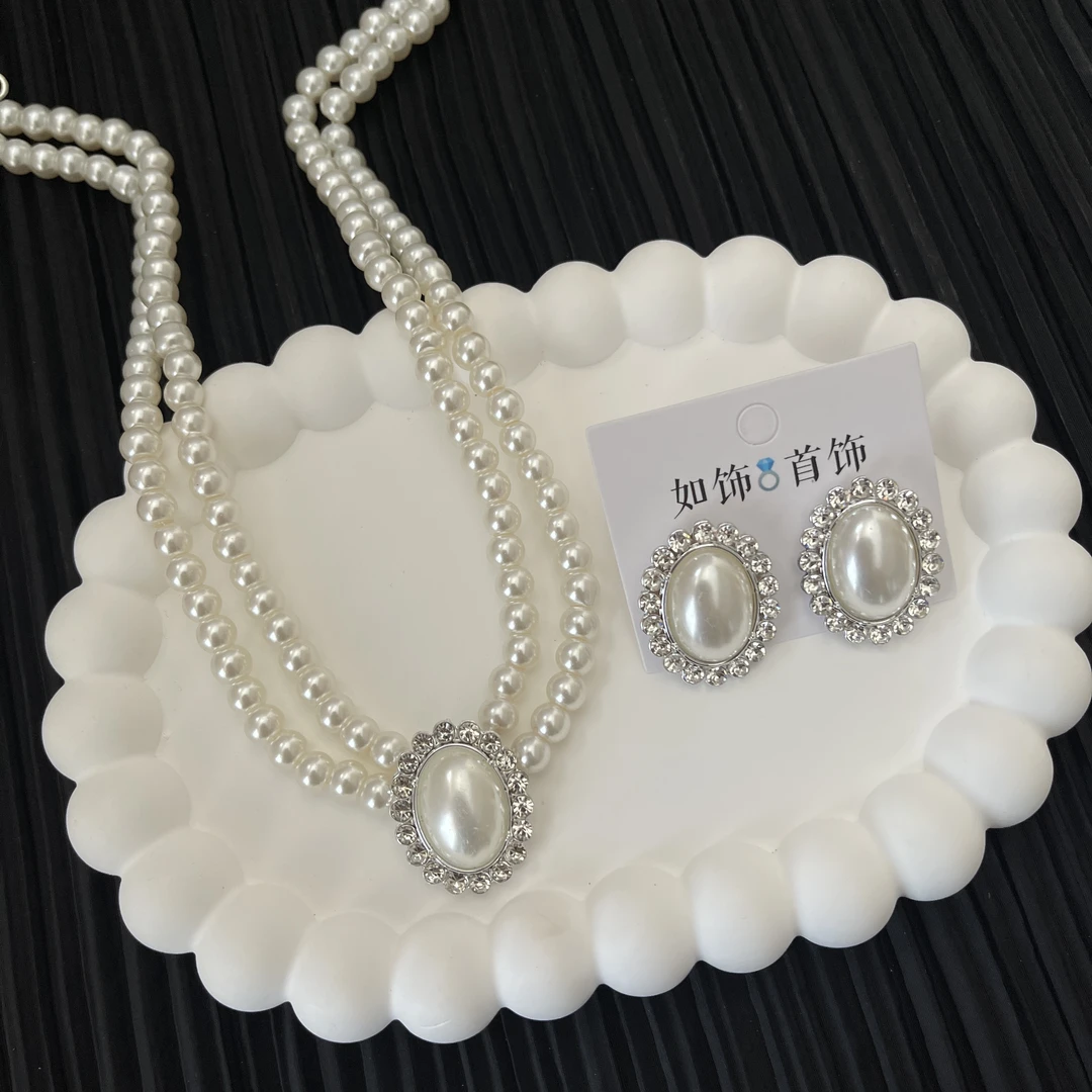 铜合金仿珍珠项链 如饰 夸张椭圆仿珍两件套白色气质小香风