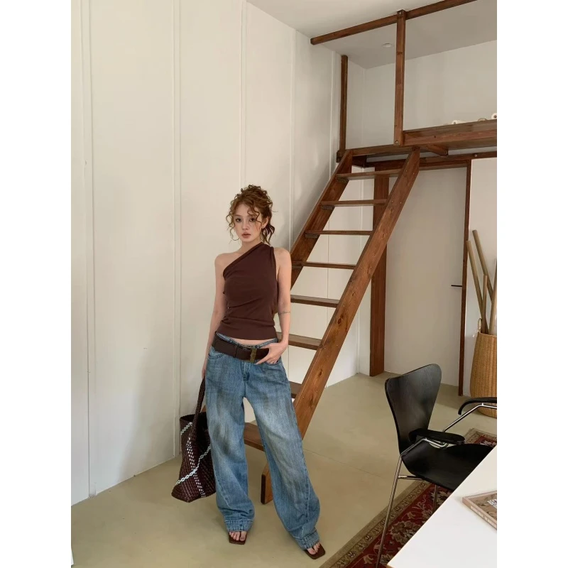 2025秋季新款韩版洋气时尚露背气质显瘦斜肩背心复古宽松牛仔长裤