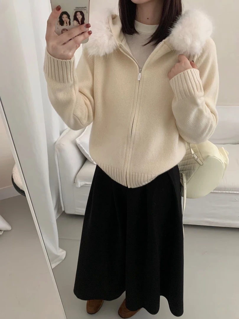 毛领款 100%羊毛连帽韩系慵懒风宽松针织开衫女百搭毛衣外套