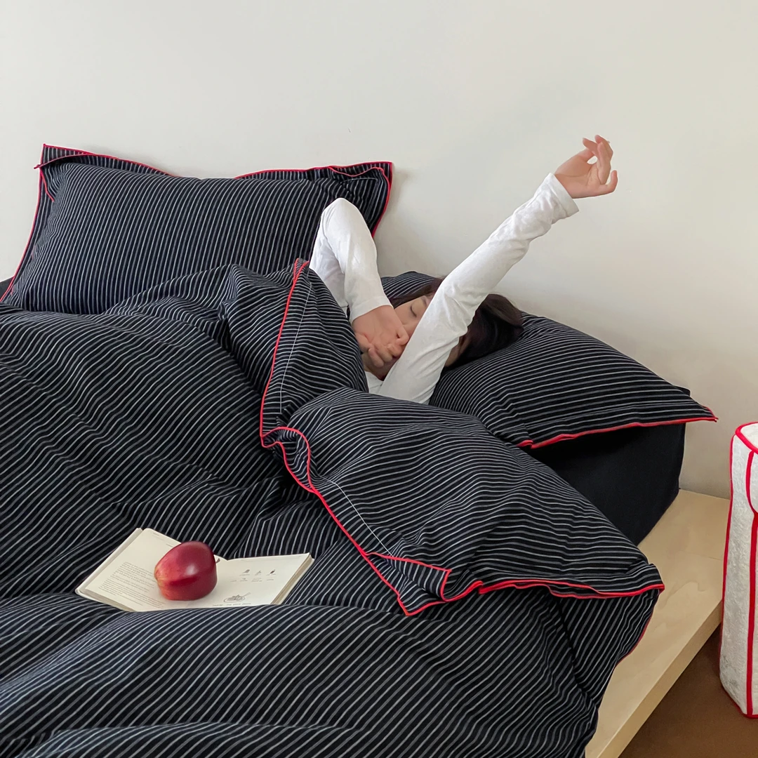 洛洛山河简约复古风~越洗越软全棉色织水洗棉四件套纯棉床单被套