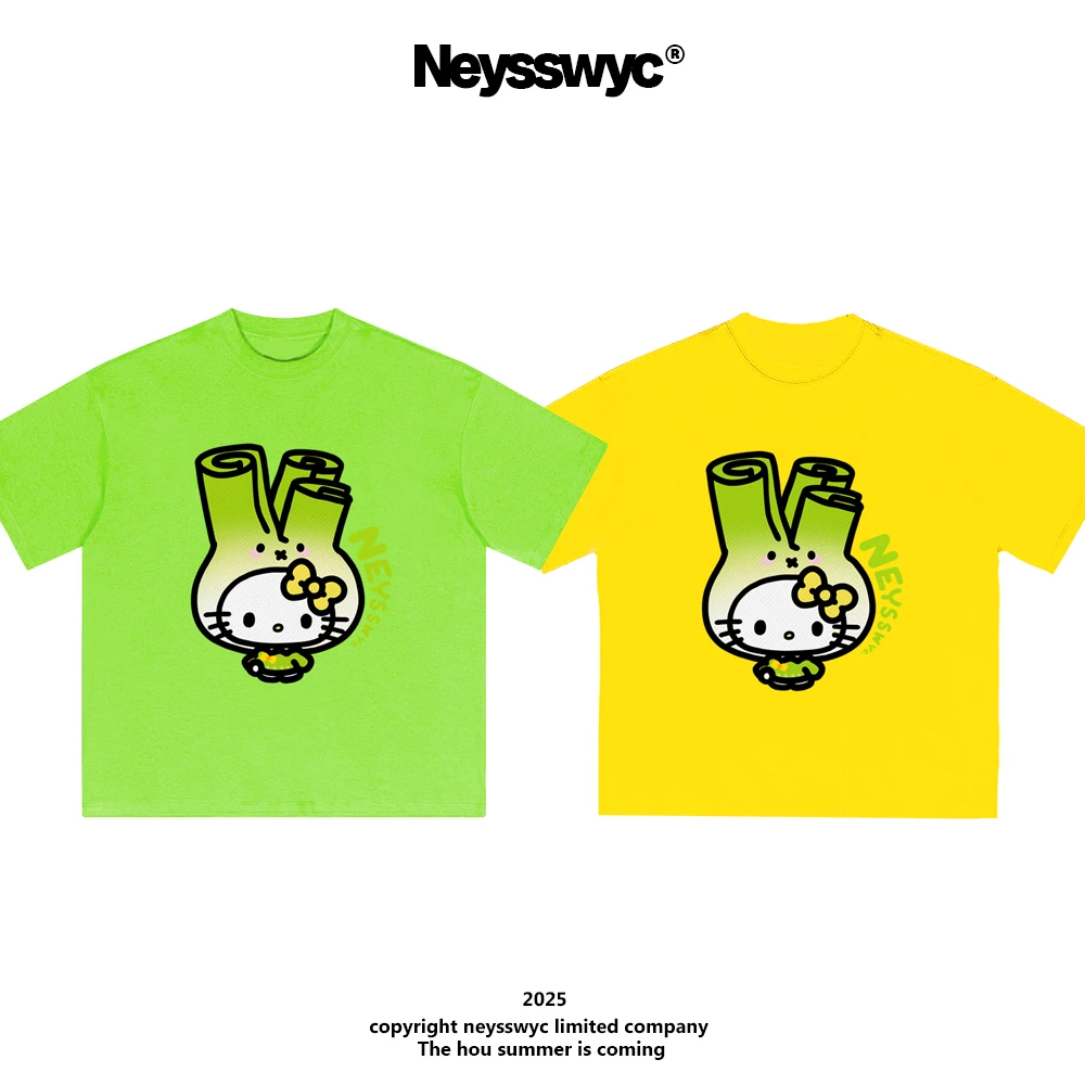 NEYSSWYC 【大葱】小众色黄绿短袖T恤涂鸦可爱宽松情侣夏kt百搭呆萌