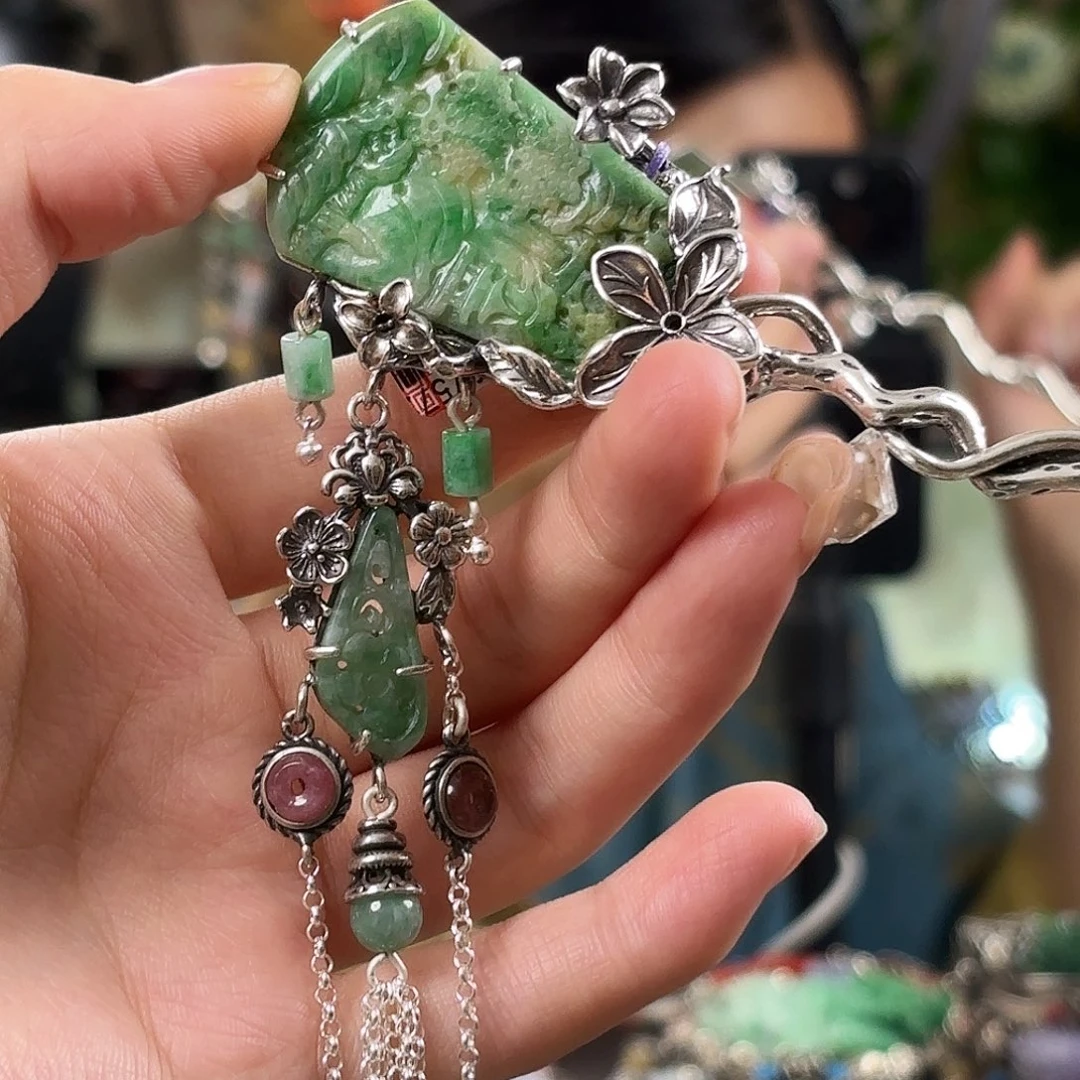 翡翠银S925镶嵌发簪翡翠