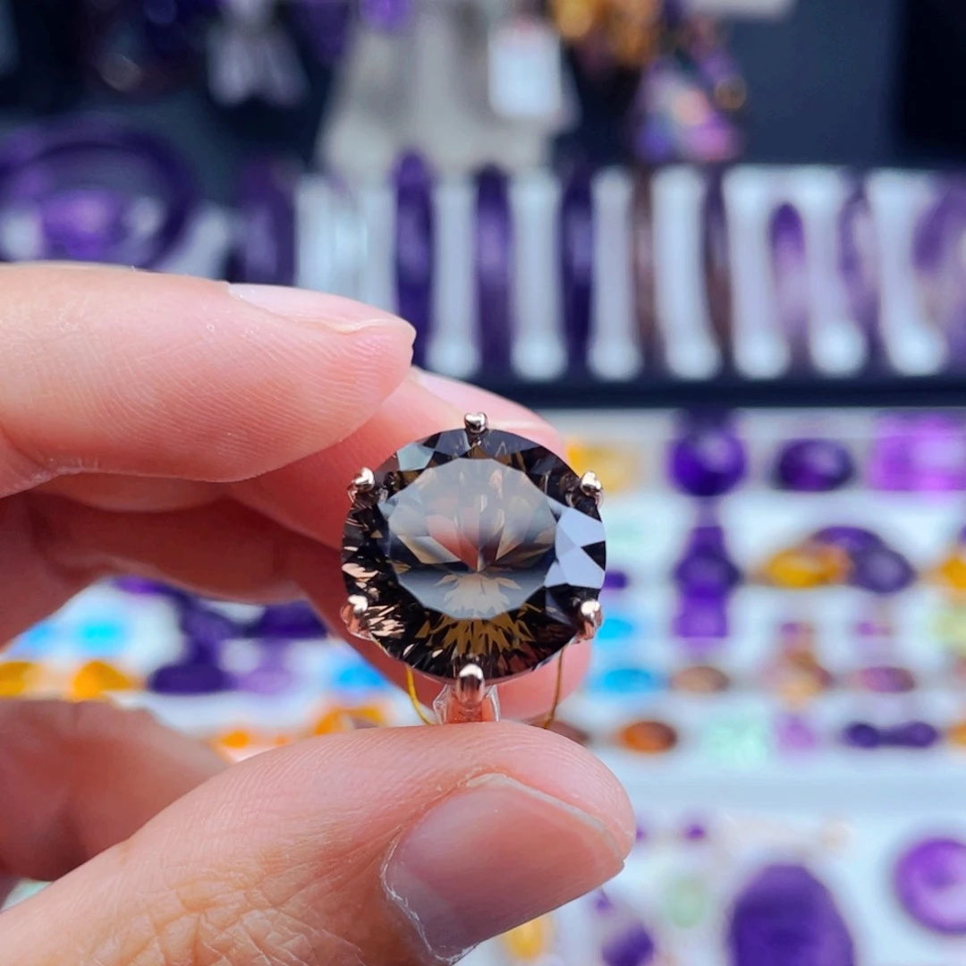 水晶工厂精品定制天然茶水晶戒指银S925镶嵌