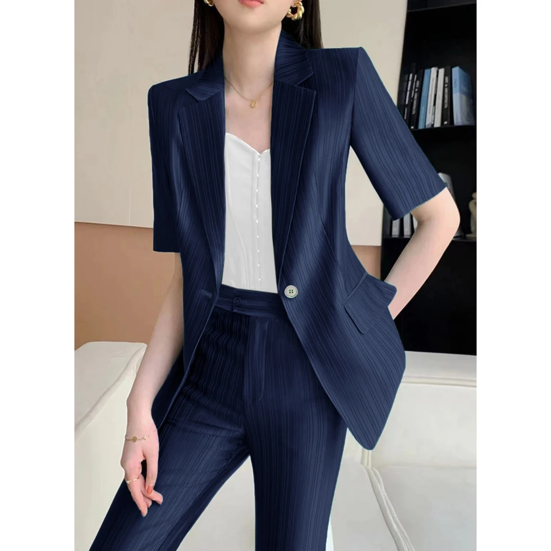 539气质时尚西装套装女夏季修身商务工作女神范西服蓝色短袖条纹