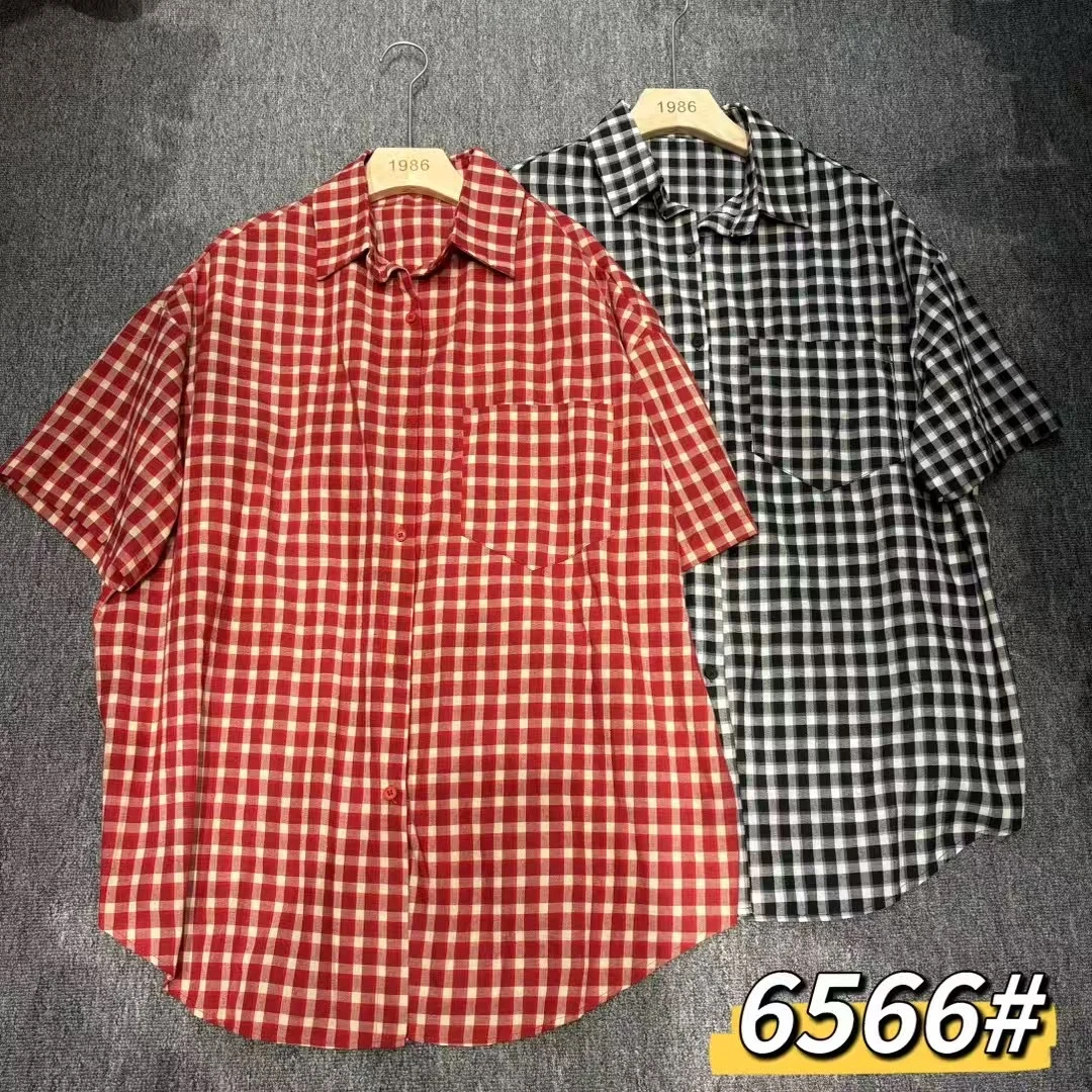 欧韩夏季薄款复古休闲宽松百搭格子短袖衬衣6566