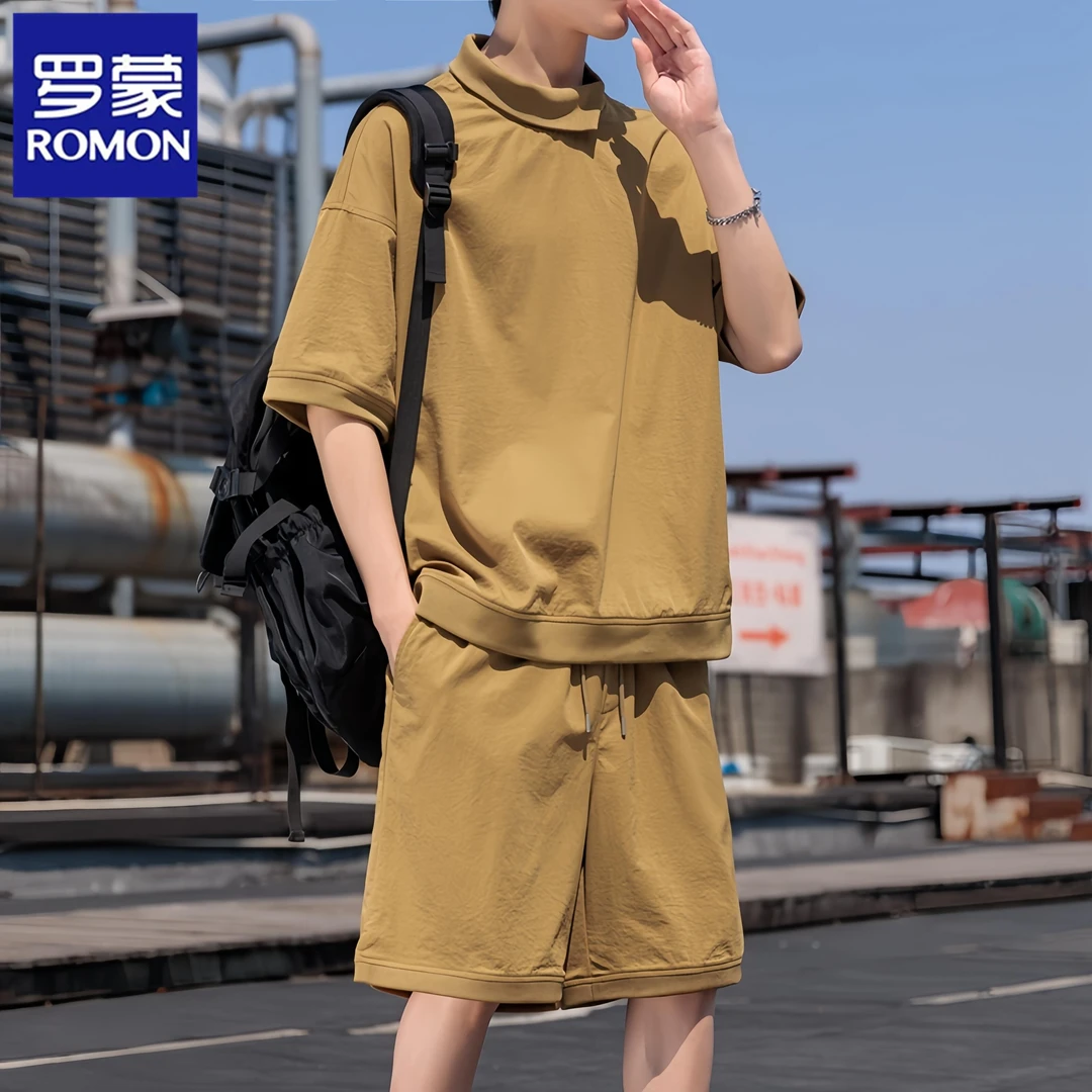 Romon/罗蒙男士夏季新款短袖休闲套装宽松运动时尚五分短裤两件套