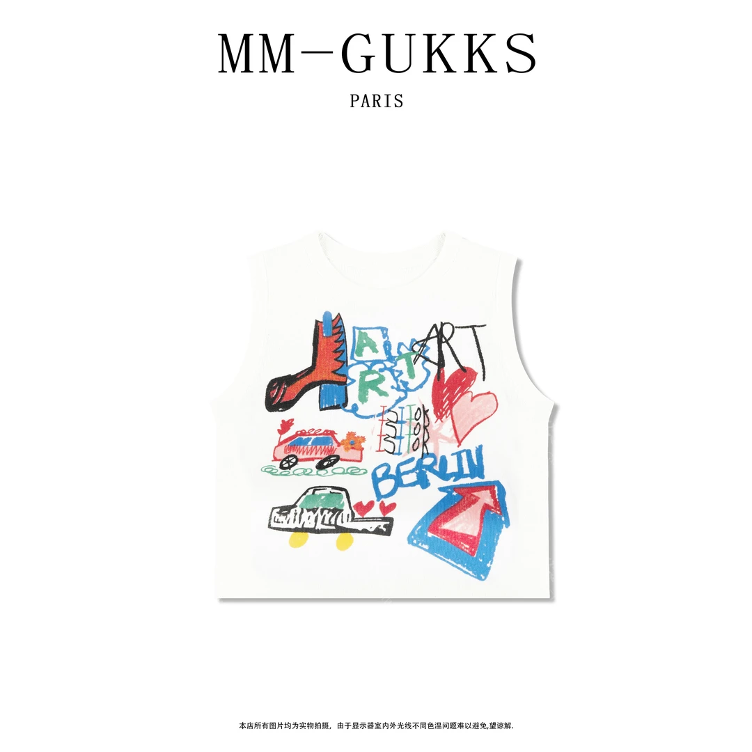 明明GUKKS『涂鸦』夏季圆领无袖套头款针织衫显瘦背心上衣女