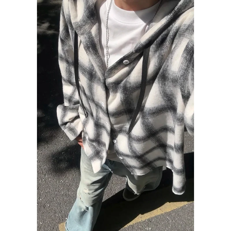 撞色格子长袖衬衫男女同款春秋季美式松弛感宽松潮流连帽衬衣外套