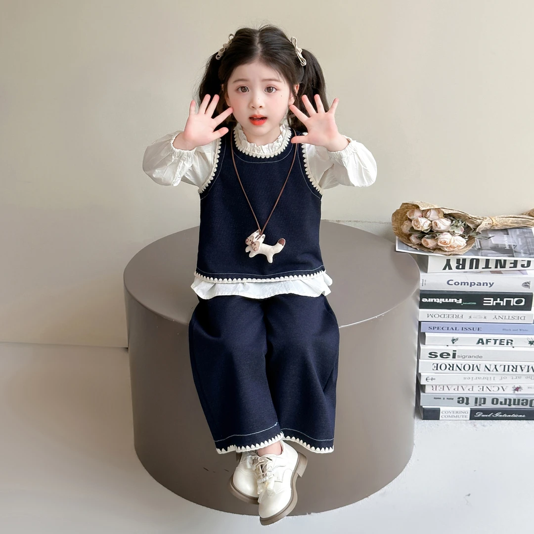 女童韩版套装2025新款儿童洋气时髦春秋款女宝宝马甲衬衫三件套潮