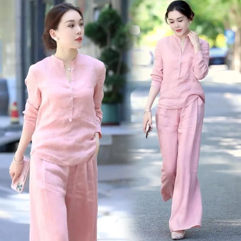 新中式时尚套装女2025春季新款洋气显瘦衬衫高腰阔腿裤休闲两件套