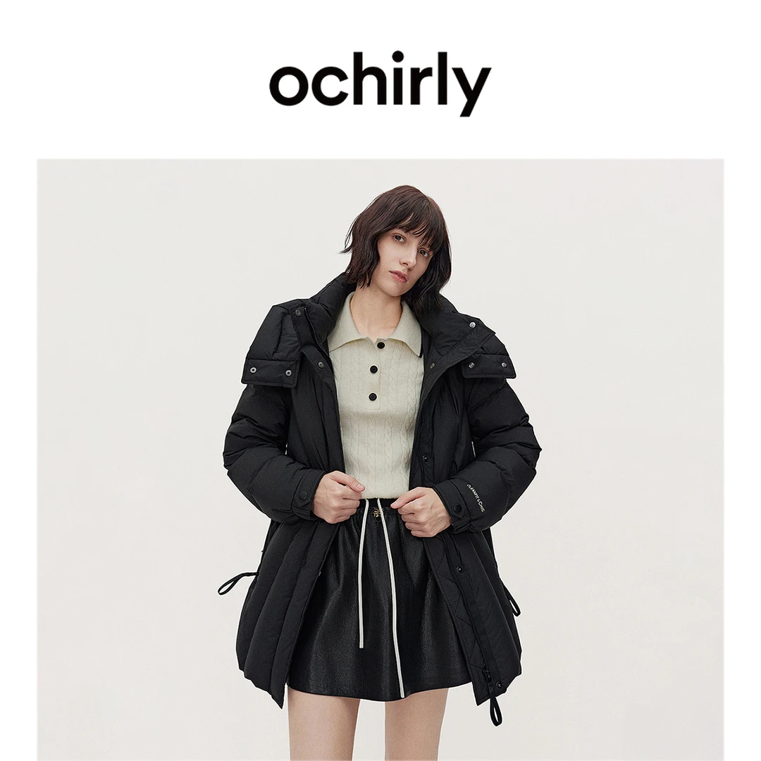 ochirly欧时力 连帽羽绒服外套女中长款配腰带U型枕秋冬新品