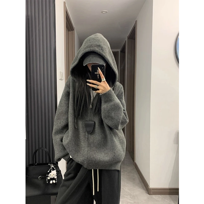 2025秋冬新款韩系慵懒风宽松显瘦连帽拉链毛衣外套女针织开衫上衣