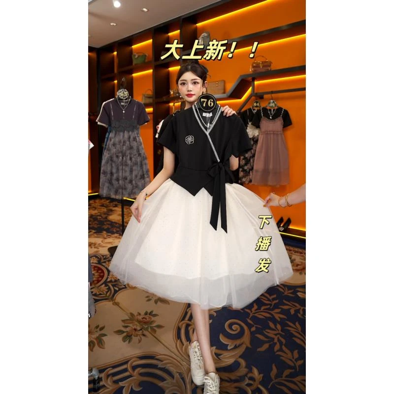 【linda】【76】法式拼接假两件夏季新品蝴蝶结收腰连衣裙JC-A3394