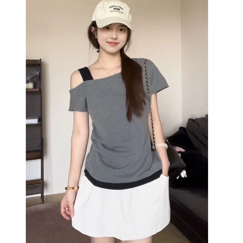 韩系辣妹百搭假两件斜肩短袖T恤女夏季显瘦褶皱时尚露肩灰色上衣