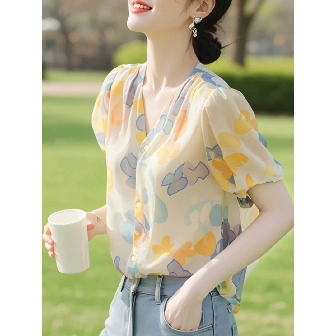 哥弟阿玛施正品今年流行的小香风夏装上衣轻熟法式印花短袖衬衫女