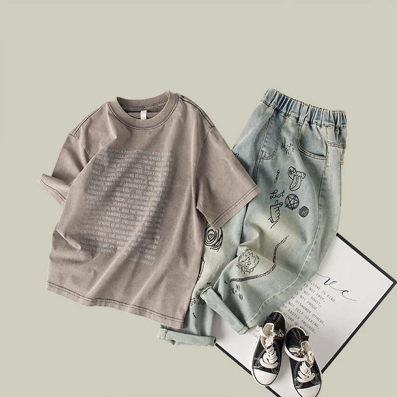 吴小越w369男童T恤2025款做旧废土风时尚上衣儿童T恤纯色圆领