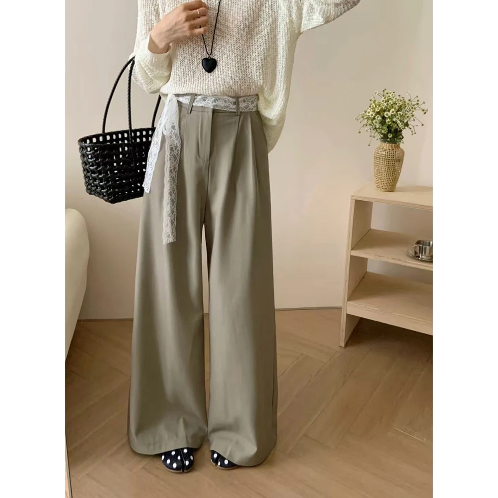 2025新款阔腿裤女高腰垂感宽松休闲拖地个性裤子配蕾丝腰带