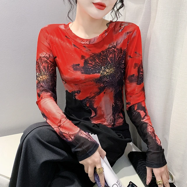 扎染网纱t恤女长袖秋冬新款时尚时髦花色打底小衫修身内搭上衣潮