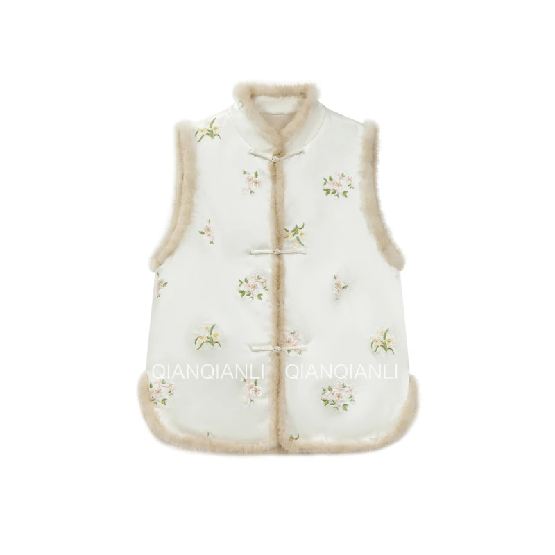 QIAN【暖阳梅兰】桑蚕丝+羊毛+水貂毛+3M棉 新中式丝毛马甲棉袄