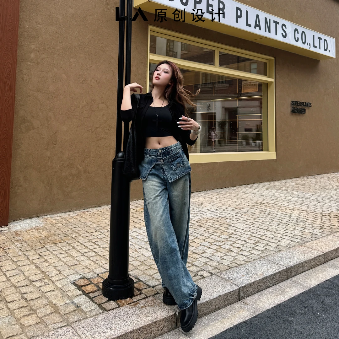 【LA原创】“斜跨腰锋”小众买手店设计感立体横跨弯刀堆堆裤牛仔裤