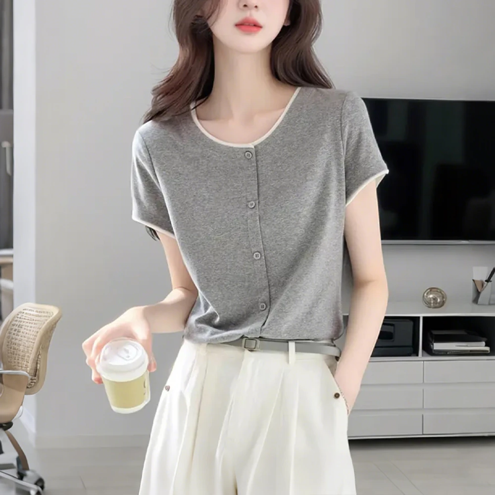 休闲撞色拼接短袖针织T恤女士夏季新款简约百搭显瘦衬衫上衣