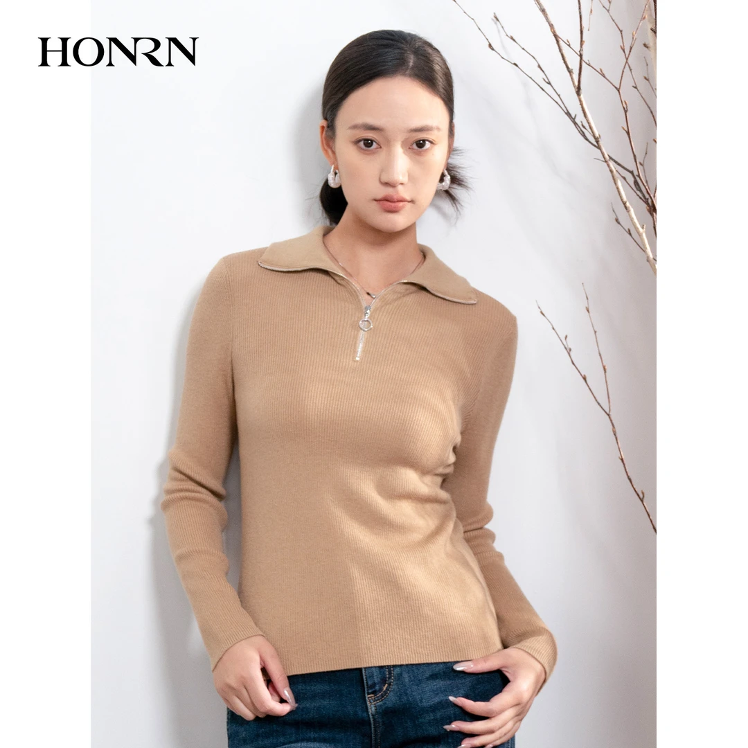 HONRN/红人修身半拉链翻领长袖羊毛衣针织衫上衣女秋冬HI55OM652