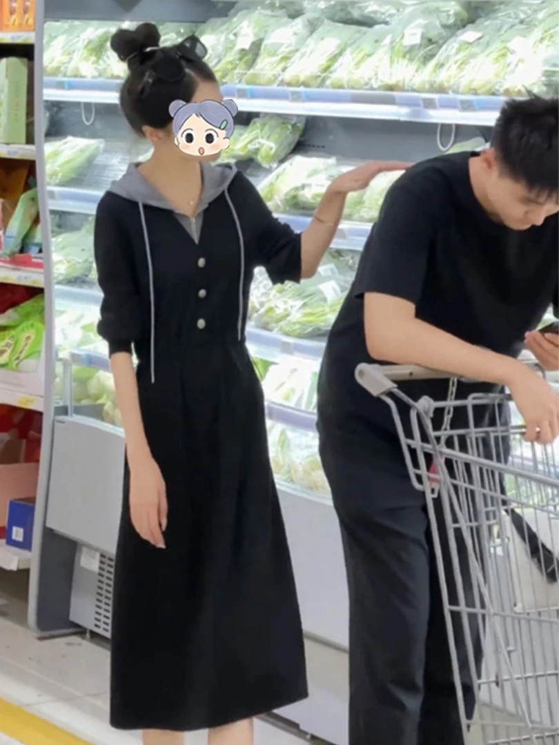 假两件拼接连帽长袖连衣裙女休闲气质收腰显瘦中长裙秋季新款女装