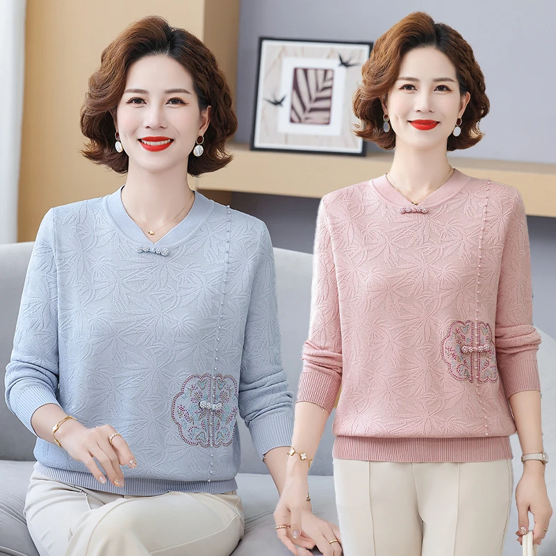 洋气妈妈装小衫上衣2025秋装新款打底衫中老年女装宽松长袖针织衫