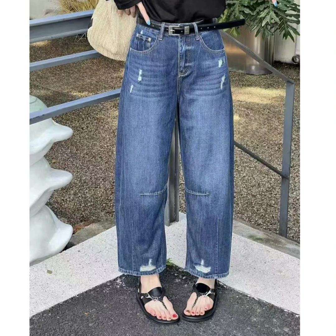 玳妮【破洞九分弯刀裤】夏季 高腰破洞阔腿黑腰带牛仔裤 水洗百搭裤