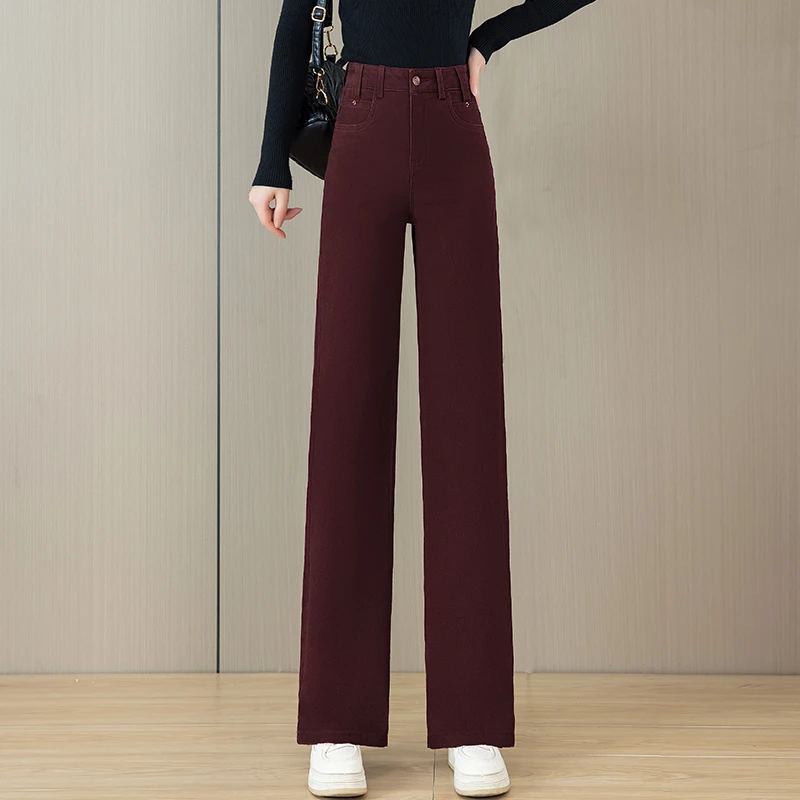 安可拉红窄版直筒牛仔裤女2025年秋冬新款高腰显瘦加绒加厚牛仔裤