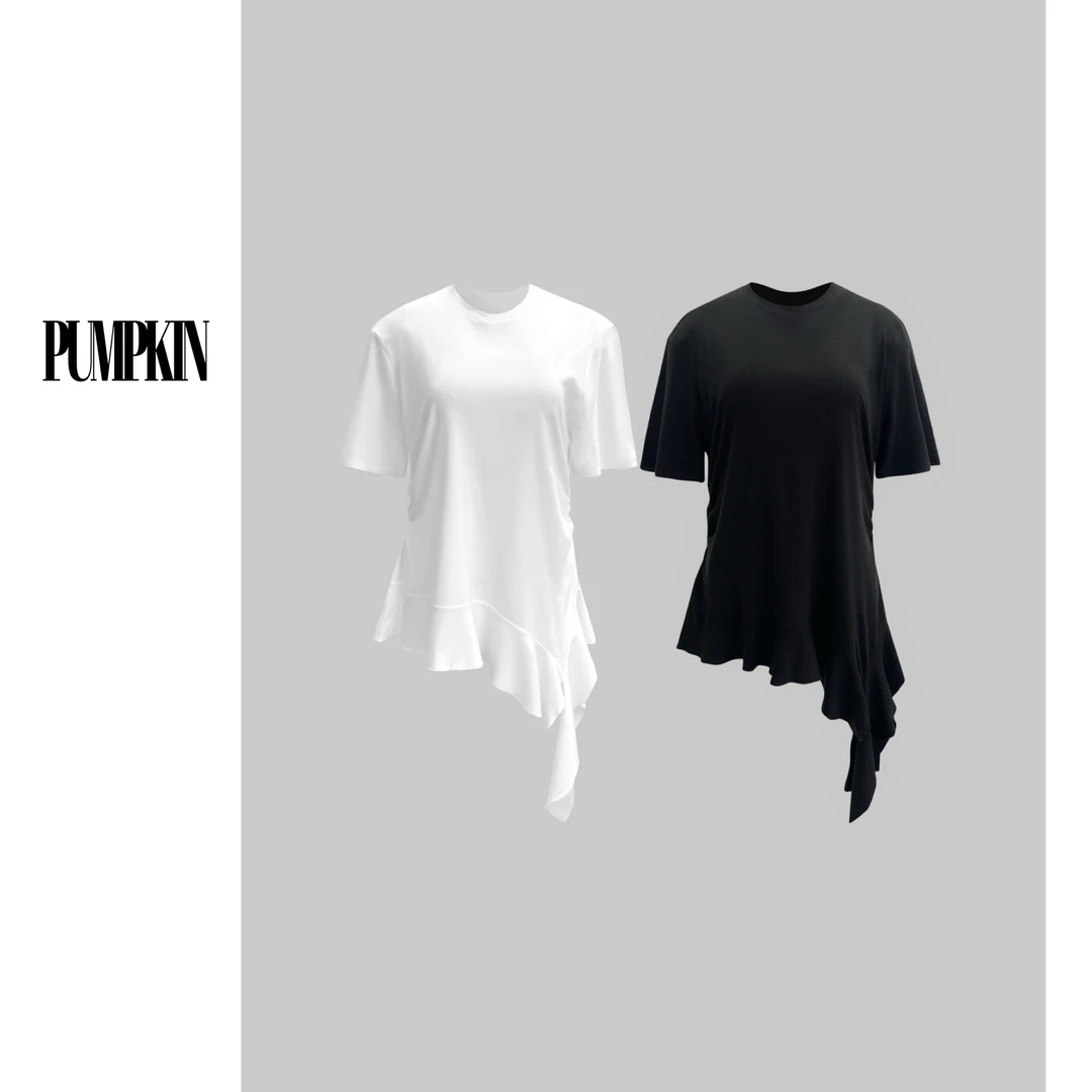 【断码处理】大码夏季小众独特别致不规则荷叶底边正肩短袖T恤