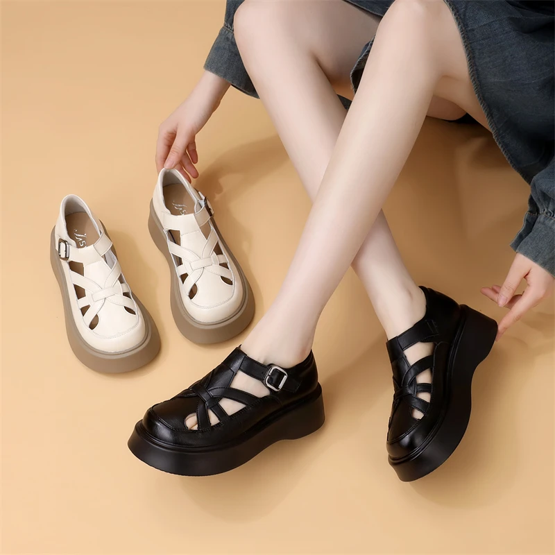 厚底镂空复古软底罗马鞋女2025年夏季新款包头透气百搭增高猪笼鞋