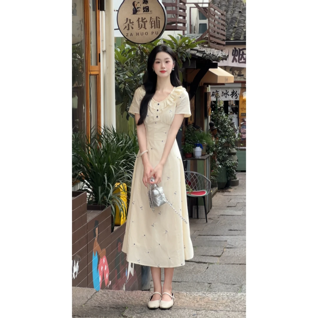 鹿向南【织梦蝶语】法式连衣裙女夏季新款显瘦收腰设计感裙QJD00477