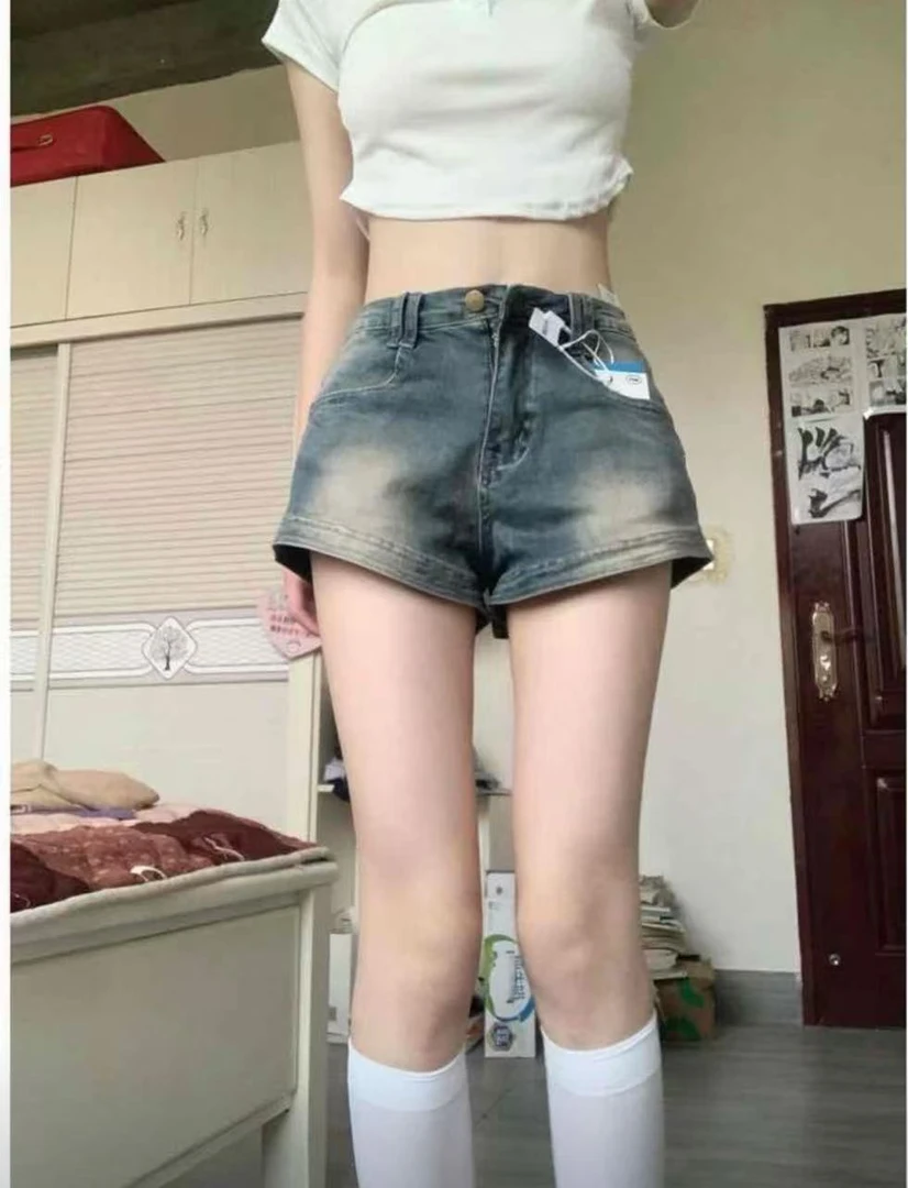 牛仔裤短裤女款显瘦高街复古短裤女款夏天高腰直筒做旧短裤牛仔