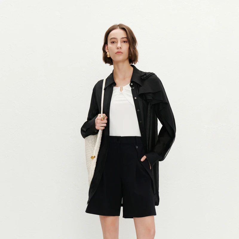 【商场同款】HPLY荷比俪24夏新款女茧型廓形黑色衬衫HYE24630446