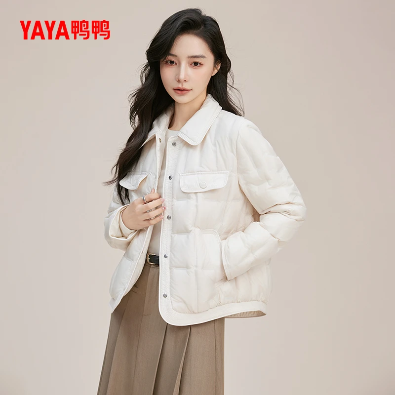 YAYA鸭鸭时尚短款女士休闲衬衫领拼接轻薄款羽绒服YE5B600235L