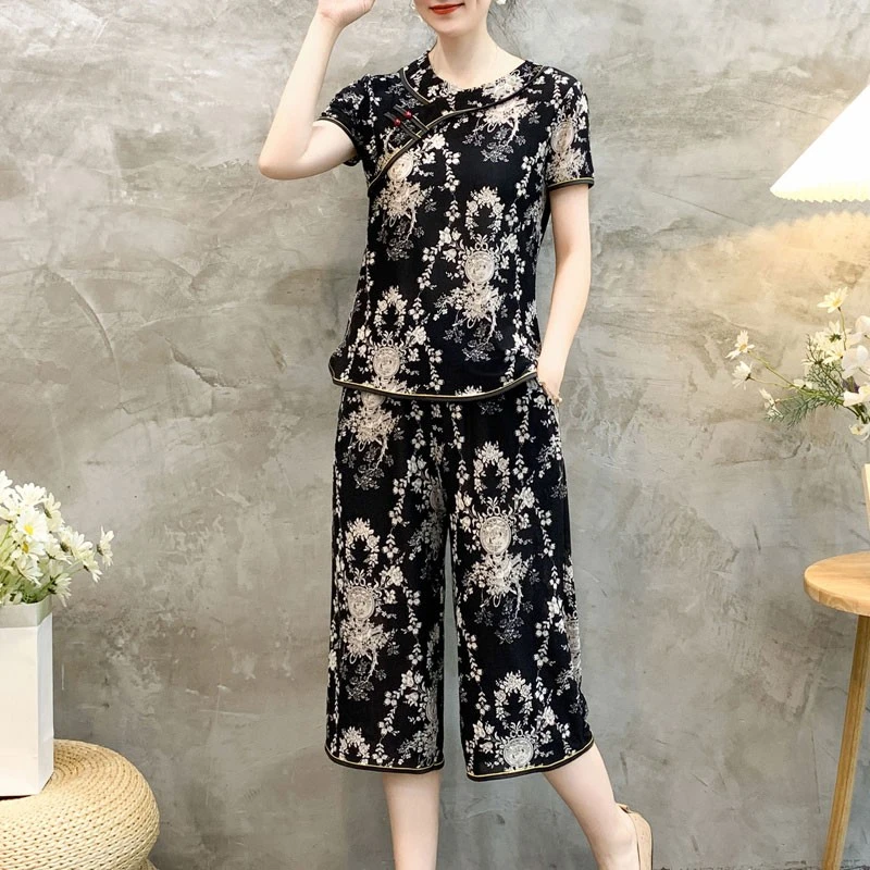 阔腿裤短袖夏装时尚中年妈妈装女士套装中老年两件套女装宽松大码