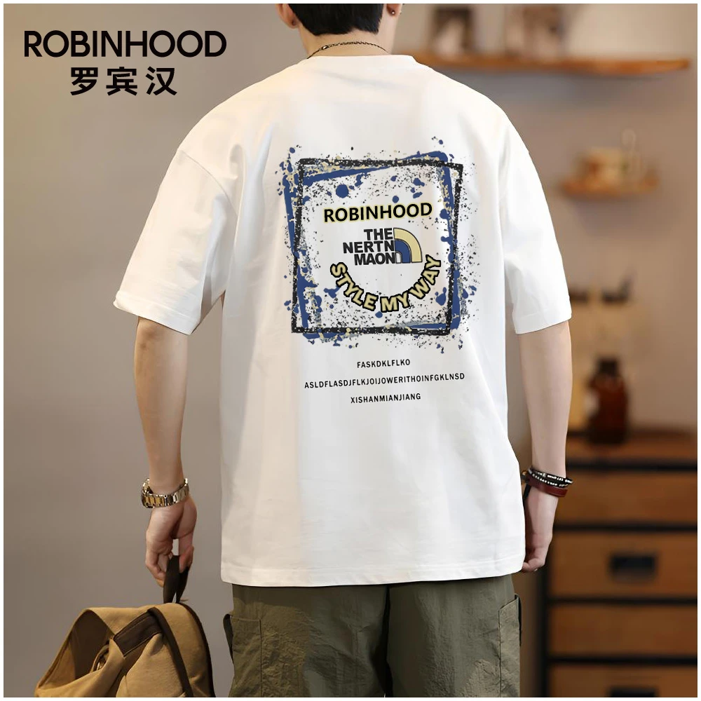 罗宾汉严选重磅纯棉男士T恤宽松美式高街百搭圆领佛手印花短袖T恤