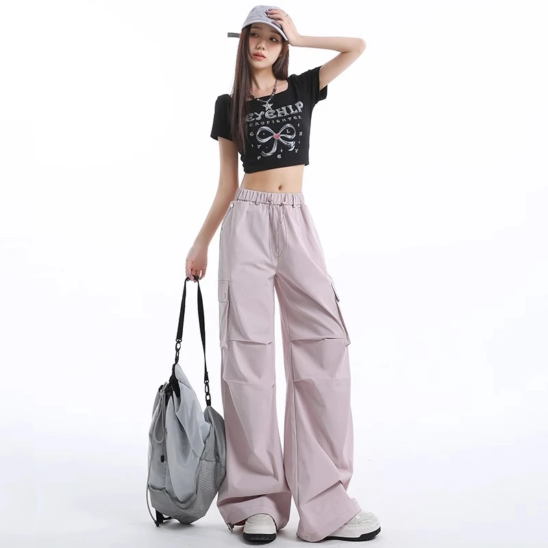 粉色工装阔腿裤女春秋季2025新款美式宽松大口袋直筒休闲拖地裤