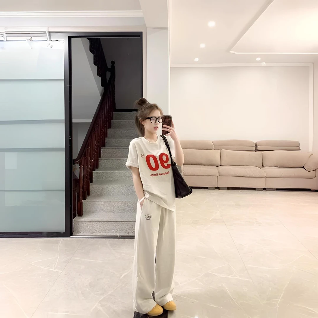 休闲运动套装女夏季2025年新款韩版时尚宽松短袖t恤阔腿裤两件套