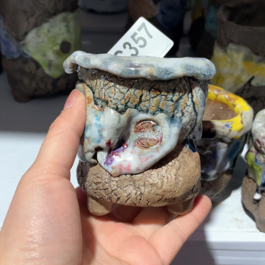 紫砂花盆孤品不规则  油画山石老桩内口6