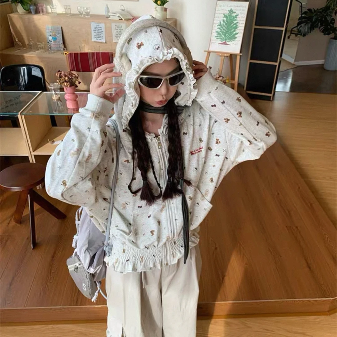 F25#某宝1张多新爆款！女生浮力！小猫满印蕾丝荷叶边连帽开衫男